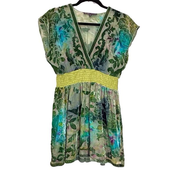 Hale Bob Babydoll Velvet Burnout Top Womens Small Green Blue Floral Boho Fairy - Picture 8 of 12